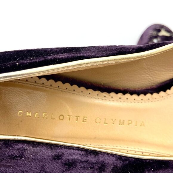 Charlotte Olympia Kitty Cat Purple Velvet Flats Loafers Gold, EU 39 US 8.5-9 - Picture 12 of 13